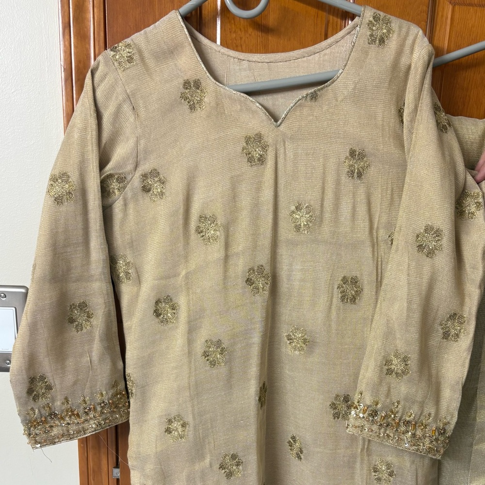 Embroidered Kattan Beige Kurta Pant and Dupatta with Beaded embroidered border